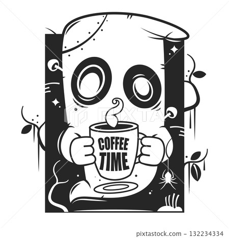 Happy Halloween greeting card with ghost. Cartoon ghosted spirit. Pumpkin ghost. Funny spirit. Holiday cute ghost cartoon character. Friendly ghost. Spooky phantom flying. Purple background. 132234334