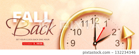 Fall back. Daylight saving time ends. Golden realistic 3d arrow 132234346