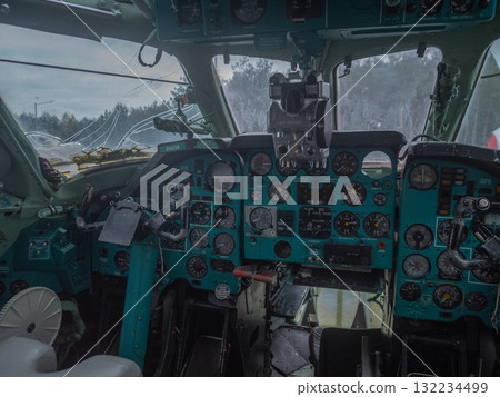 retro cockpit instrument panel view with dense gauges and teal avionics, worn knobs and wiring, analog dials reflecting decades of service, nostalgic pilot environment for heritage displays retro cockpit instrument panel view with dense gauges and teal avionics, worn knobs and wiring, analog dials reflecting decades of service, nostalgic pilot environment for heritage displays 132234499