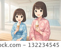 兩姊妹在溫泉飯店大浴場的長椅上吃軟冰淇淋 132234545