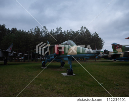vintage jet showcased outdoors, static vintage jet on display amid twilight forest surroundings, an outdoor exhibit of vintage jet with historical markings in peaceful pine forest 132234601