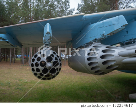 lowangle view of rocket, spherical rocket pod under pine trees with intricate design, museum display showcasing spherical rocket pod among pine trees with detailed structural elements 132234617