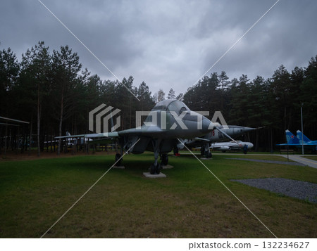 fighter jet silhouette parked in forested park, camouflaged fuselage and swept wings on static display, modern combat profile contrasted with trees and moody sky, museum preservation setting fighter jet silhouette parked in forested park, camouflaged fuselage and swept wings on static display, modern combat profile contrasted with trees and moody sky, museum preservation setting 132234627
