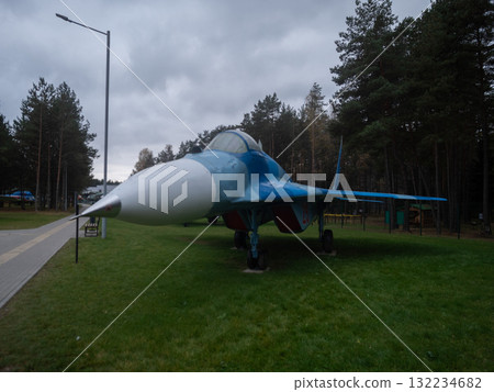 blue jet display, sleek blue jet on grass, blue fighter jet with pointed nose displayed outdoors, sleek blue jet featuring pointed nose and visible intake openings on grassy display field 132234682