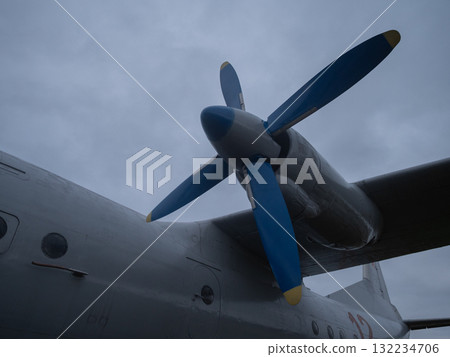symmetrical aircraft with blue reflections, aesthetic symmetrical aircraft showcasing reflective blue propellers, reflective blue propellers on symmetrical airplane beneath cloudy skies 132234706