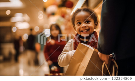 Happy Afro American child with shopping bag in a mall. A joyful little girl smiles while holding a shopping bag in a mall after a shopping trip. Festive mood. This is AI-generated item. Happy Afro American child with shopping bag in a mall. A joyful little girl smiles while holding a shopping bag in a mall after a shopping trip. Festive mood. This is AI-generated item. 132234809