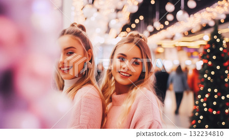 Two young women smiling in a festive shopping mall during the Christmas season. Beautiful girls in a mall setting, smiling brightly near a Christmas tree This is AI-generated item Two young women smiling in a festive shopping mall during the Christmas season. Beautiful girls in a mall setting, smiling brightly near a Christmas tree This is AI-generated item 132234810