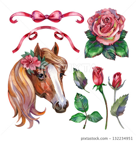 Romantic fairy tale set with rose flowers, ribbons and horse. Perfect for wedding, Birthday, bouquet, invitations, logos, baby shower Romantic fairy tale set with rose flowers, ribbons and horse. Perfect for wedding, Birthday, bouquet, invitations, logos, baby shower 132234951