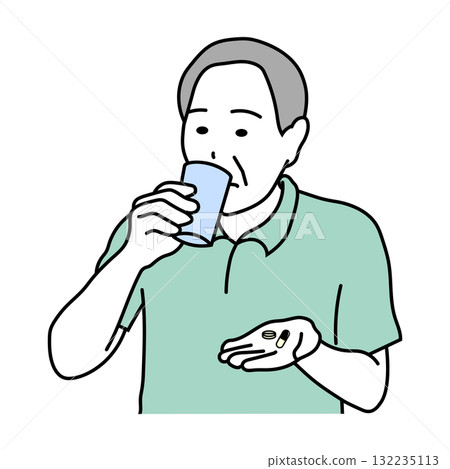 Health care illustration of an elderly man taking medicine Health care illustration of an elderly man taking medicine 132235113