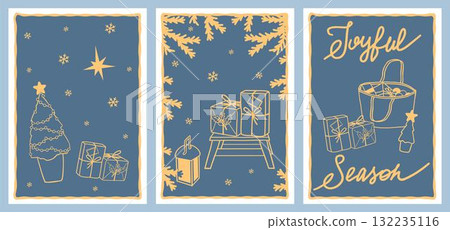 Christmas card set Handrawn outline festive elements, Christmas tree, gifts boxes and handwritten lettering for holiday greetings, invitations or graphic projects Christmas card set Handrawn outline festive elements, Christmas tree, gifts boxes and handwritten lettering for holiday greetings, invitations or graphic projects 132235116