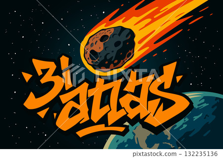 3i Atlas. Space with massive meteorite flying towards Earth in deep blue starry night sky with lettering in bold graffiti style 132235136