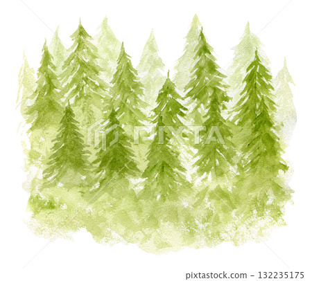 Bright green gradient watercolor illustration of textured coniferous fir forest. Misty evergreen watercolour pine trees print for winter Christmas design, poster, decor element, sticker 132235175