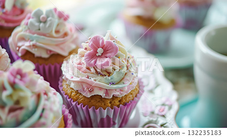 Birthday cake with candles and flowers on the table. Selective focus Birthday cake with candles and flowers on the table. Selective focus 132235183