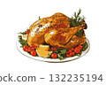 Whole roasted turkey with herbs, lemon slices, and cherry tomatoes on a white plate, hand-drawn style, on white background, festive food concept 132235194