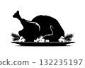 Roasted turkey silhouette with garnish details in black graphic style on white background. Concept of festive food and holiday celebration 132235197