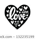Black heart filled with handwritten love text and hearts, hand-drawn style on white background, concept of romance and affection 132235199