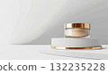 Face cream in a glass jar on white and gold background. Skin care concept. Backdrop for beauty cosmetic products 132235228