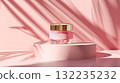 Cosmetic cream in a glass jar on pink background. Skin care concept. Backdrop for beauty products 132235232