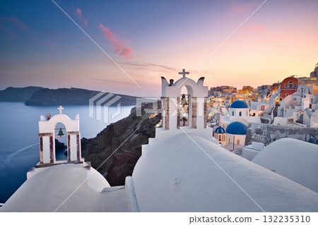 Santorini Church Tower and Sunset Santorini Church Tower and Sunset 132235310