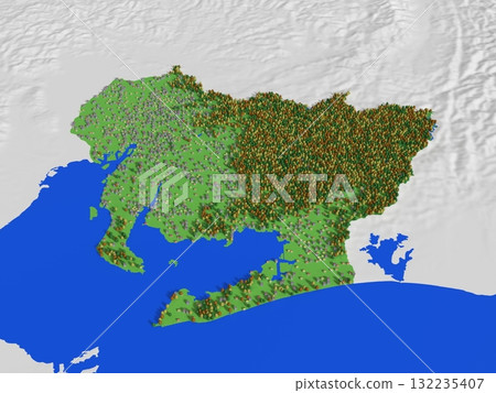 一張可愛的愛知縣地圖，標示海拔、森林和住宅區 132235407