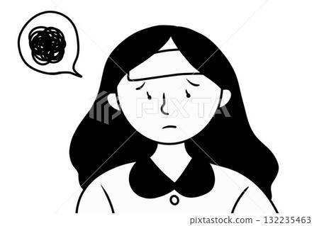 A long-haired girl with a fever who is feeling uneasy A long-haired girl with a fever who is feeling uneasy 132235463