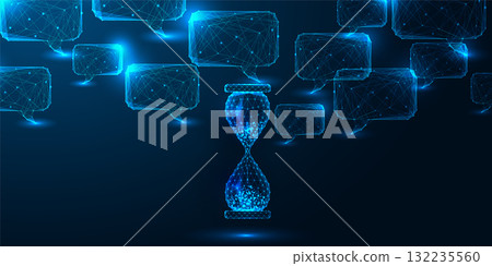 AI time management and productivity concept with glowing hourglass and digital speech network 132235560