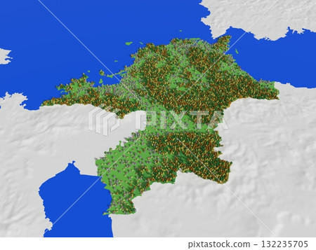 A cute map of Fukuoka Prefecture showing elevation, forests, and residential areas A cute map of Fukuoka Prefecture showing elevation, forests, and residential areas 132235705