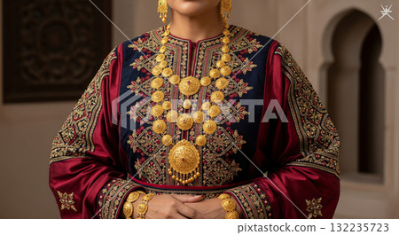 A beautiful woman, dressed in a traditional Omani green kaftan with elaborate gold embroidery, a headscarf, and stunning heavy gold jewelry A beautiful woman, dressed in a traditional Omani green kaftan with elaborate gold embroidery, a headscarf, and stunning heavy gold jewelry 132235723