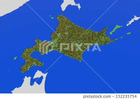 A cute map of Hokkaido showing elevation, forests, and residential areas 132235754