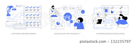AI and Blockchain Transforming Food Production abstract concept vector illustrations. 132235797