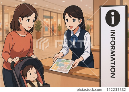 A female staff member politely guiding parents and children with strollers at the reception desk of a shopping mall 132235882