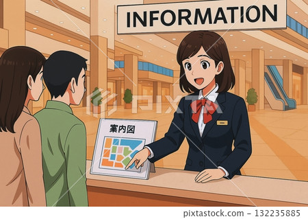女工作人員微笑著指著商場地圖指引方向 132235885