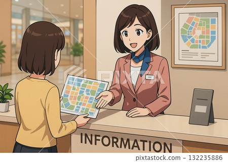 購物中心接待員遞上地圖;一位女士面帶微笑地指路 購物中心接待員遞上地圖;一位女士面帶微笑地指路 132235886