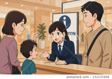 購物中心接待人員面帶微笑，為家庭提供服務 132235888