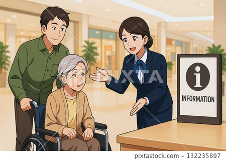 Shopping mall reception staff assisting wheelchair users with a smile and polite guidance 132235897