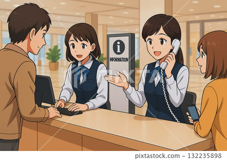 Smiling teamwork at the reception desk of a shopping mall, handling customers both by phone and at the counter 132235898
