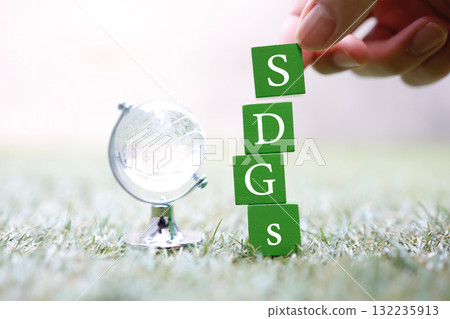A glass globe model on the grass and green blocks representing the letters SDGs. A glass globe model on the grass and green blocks representing the letters SDGs. 132235913