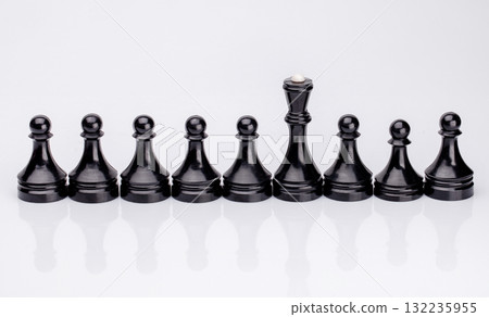 Black Chess Pieces Standing in Row. Chess pieces on chess board selective focus. Business and motivation concept. Copy space 132235955