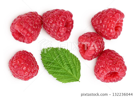 Ripe raspberries with leaf isolated on a white background. Top view. Flat lay Ripe raspberries with leaf isolated on a white background. Top view. Flat lay 132236044