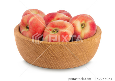 chinese flat donut peaches in wooden bowl isolated on white background chinese flat donut peaches in wooden bowl isolated on white background 132236064