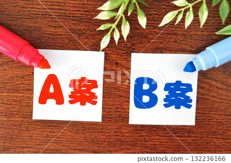 Showing a comparison between Plan A and Plan B. Red and blue pens and notes. Showing a comparison between Plan A and Plan B. Red and blue pens and notes. 132236166