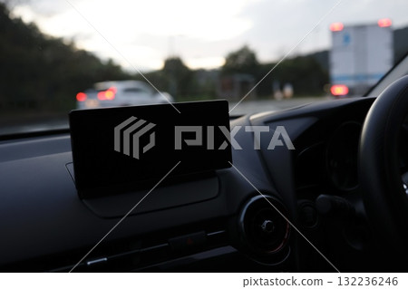 Black car navigation screen in the car with copy space. Black car navigation screen in the car with copy space. 132236246