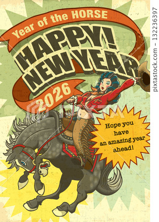 2026新年賀卡模板「復古標誌風格設計」新年快樂，附英文標題 132236397