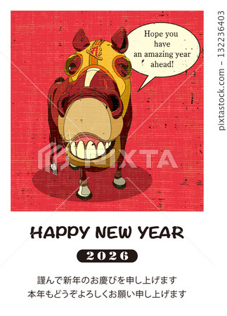 2026 New Year's Card Template "Lithograph Style Design" Happy New Year with Inscription Pattern 132236403