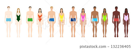 Set of Male and female body template, skin tone diversity man, woman. Flat vector anatomy model for fashion design, Set of Male and female body template, skin tone diversity man, woman. Flat vector anatomy model for fashion design, 132236405