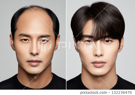 Male with hair loss problem. Comparing before and after treatment 132236470