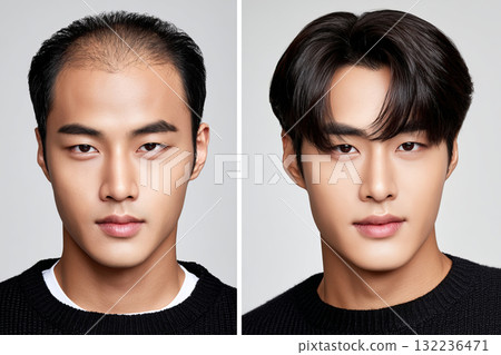 Male with hair loss problem. Comparing before and after treatment 132236471