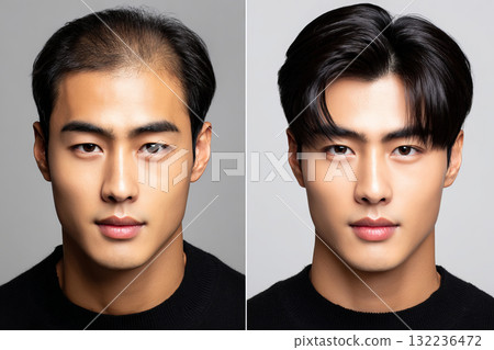 Male with hair loss problem. Comparing before and after treatment 132236472