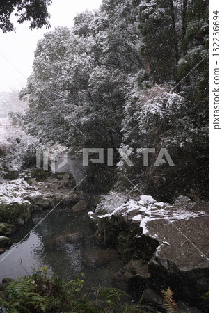 Highly transparent river and white snow 132236694