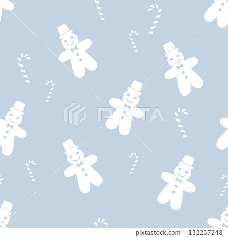 Seamless Christmas pattern with gingerbread men and candy canes on blue background Seamless Christmas pattern with gingerbread men and candy canes on blue background 132237248